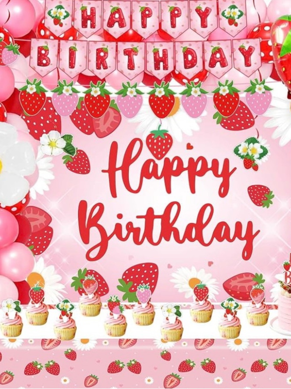 Strawberry Pink/Red “Happy Birthday" Party Decorations & more — see pictures